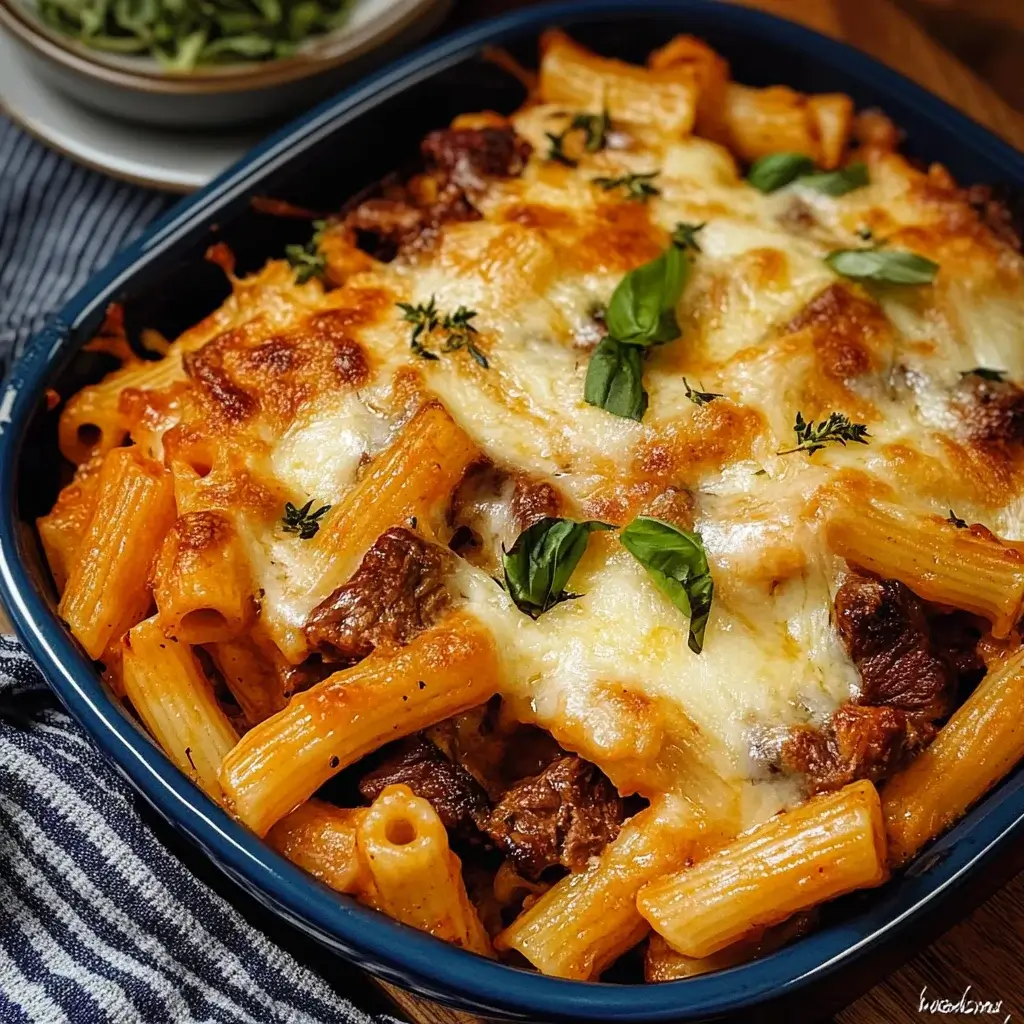 Creamy Honey Buffalo Steak Pasta Bake is irresistible!