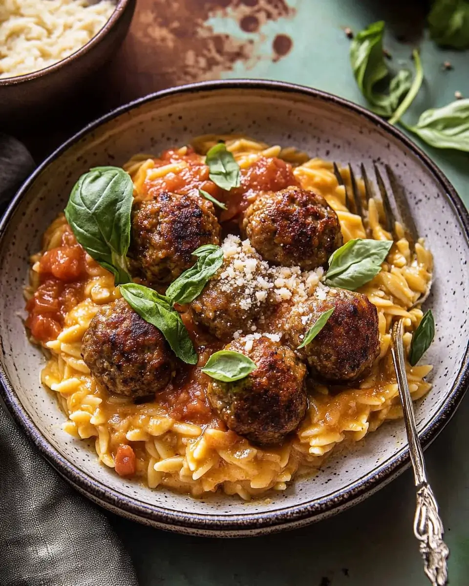 Crockpot Greek Chicken Meatballs with Creamy Tomato Orzo Delight!