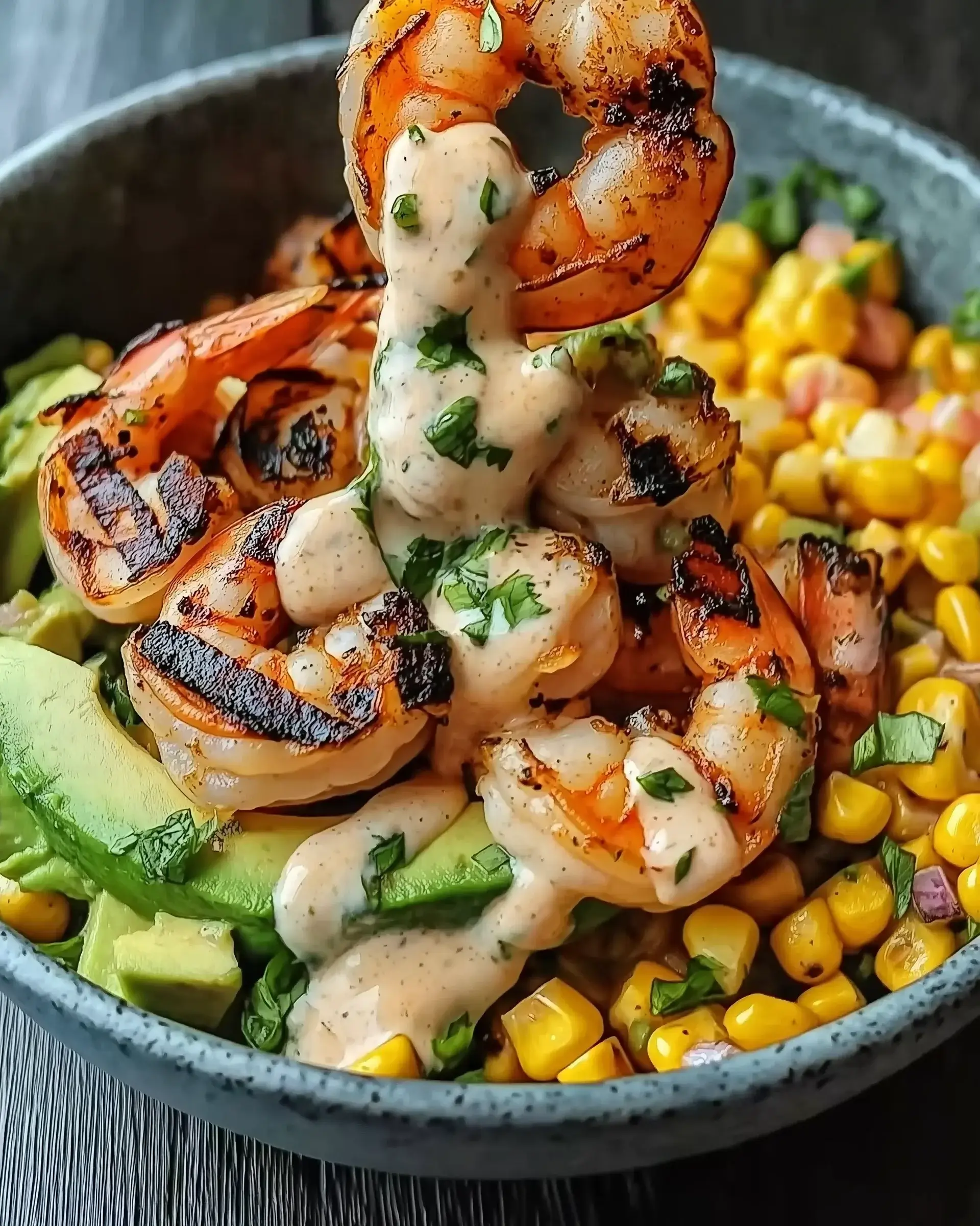 Grilled Shrimp Bowl With Avocado, Corn Salsa & Creamy Sauce is a must-try!