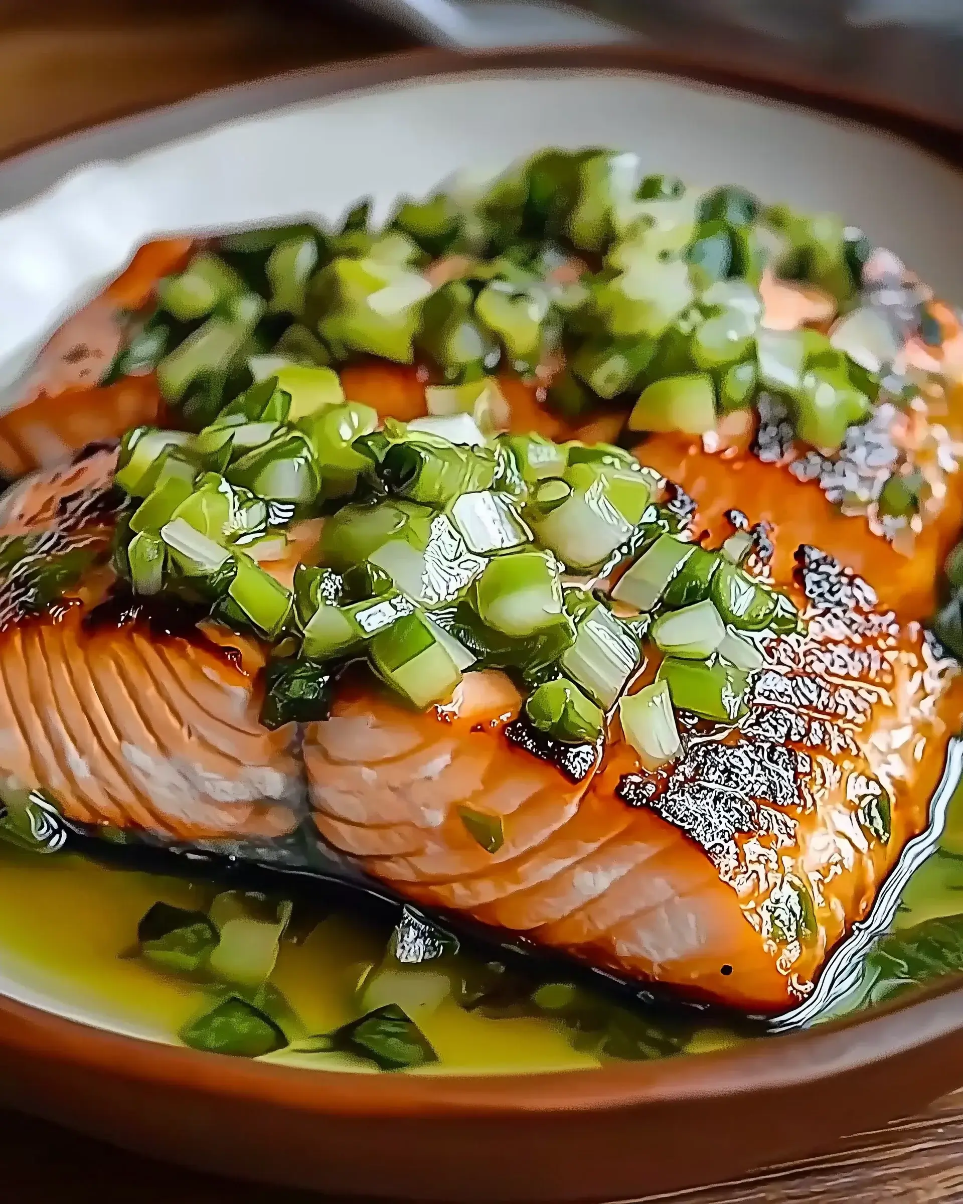 Miso Butter Salmon with Sizzled Scallion Salsa Verde delights!