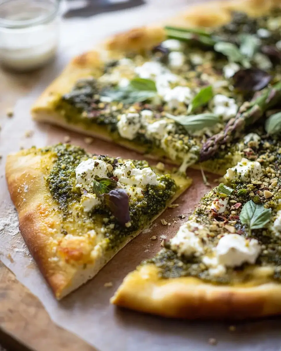 Pistachio Pesto Pizza with Asparagus and Ricotta delights!