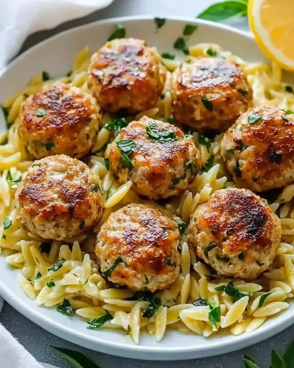 Lemon Chicken Ricotta Meatballs with Garlic Orzo delight!