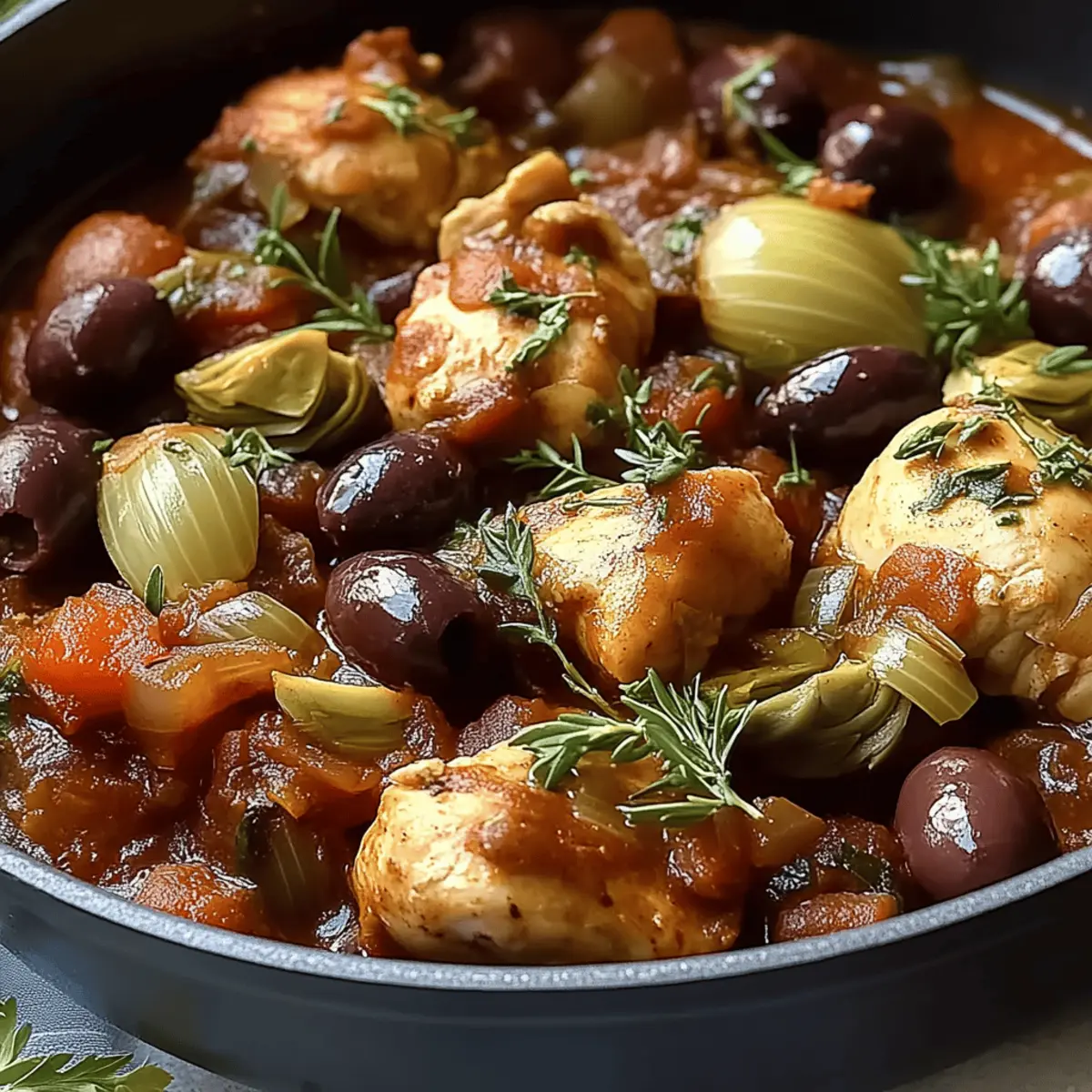 Cozy Chicken Stifado with Artichokes and Kalamata Olives Delight