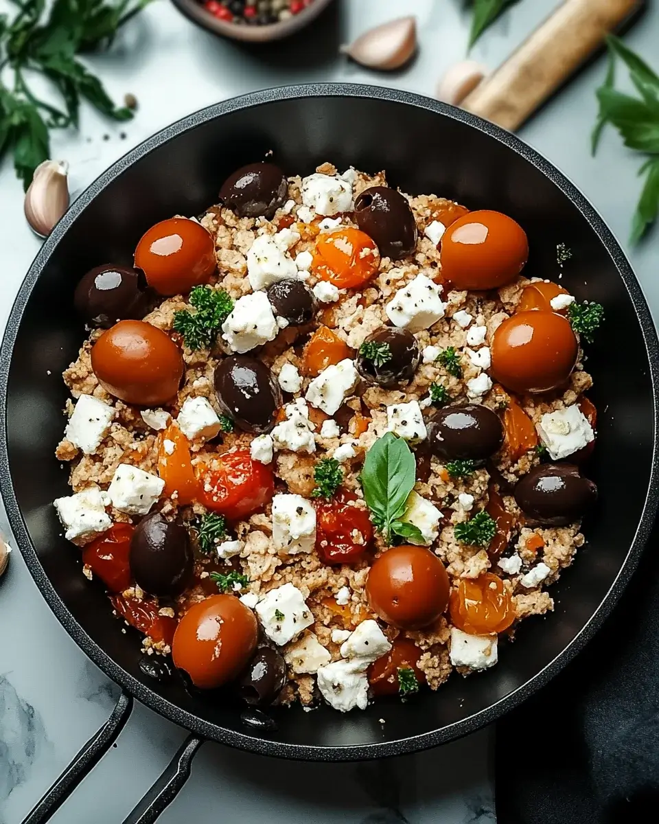 Mediterranean Keto Ground Chicken Skillet with Olives and Feta delights your taste buds!