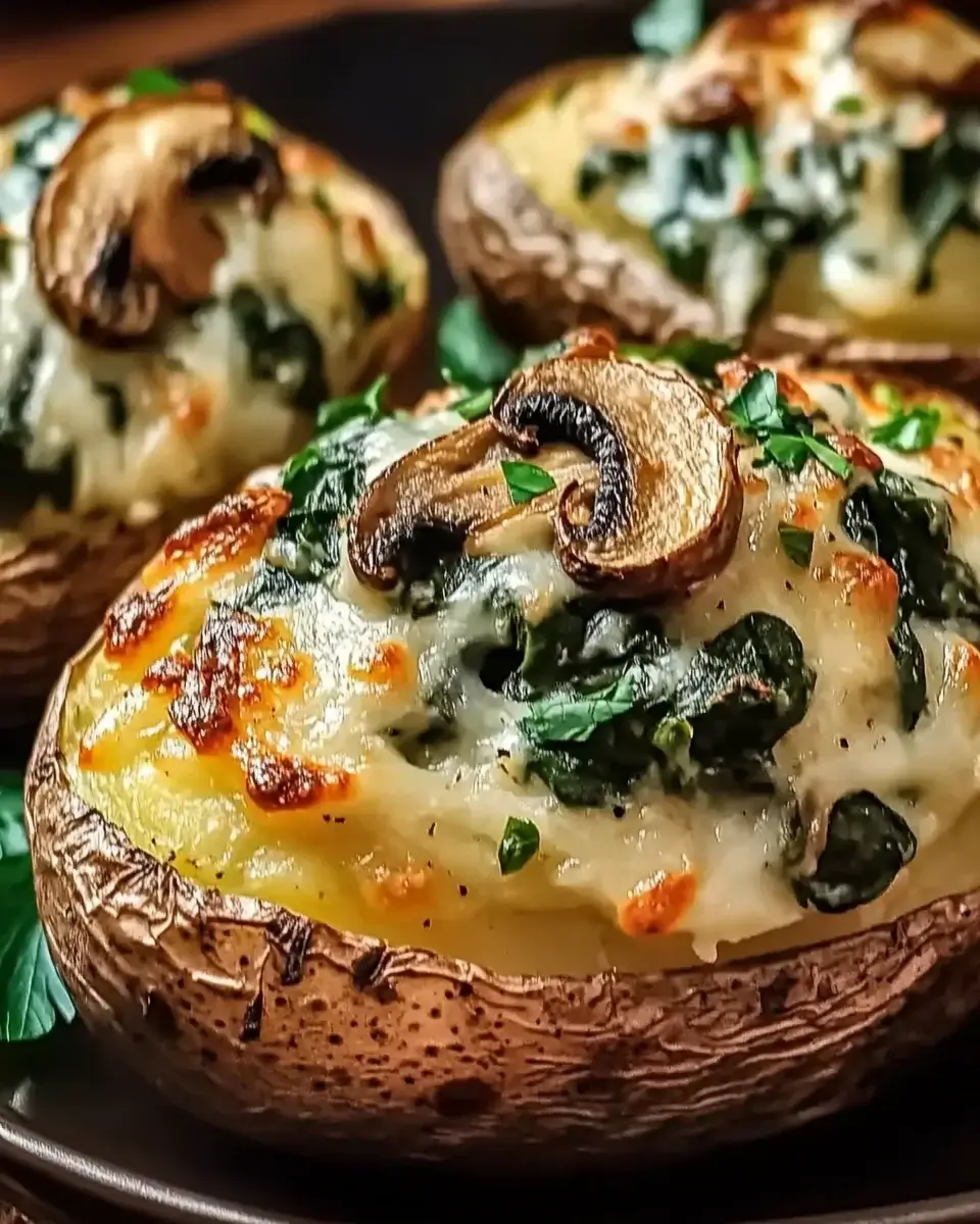Cheesy Twice-Baked Stuffed Potatoes With Spinach & Mushrooms are a deliciously creamy delight!