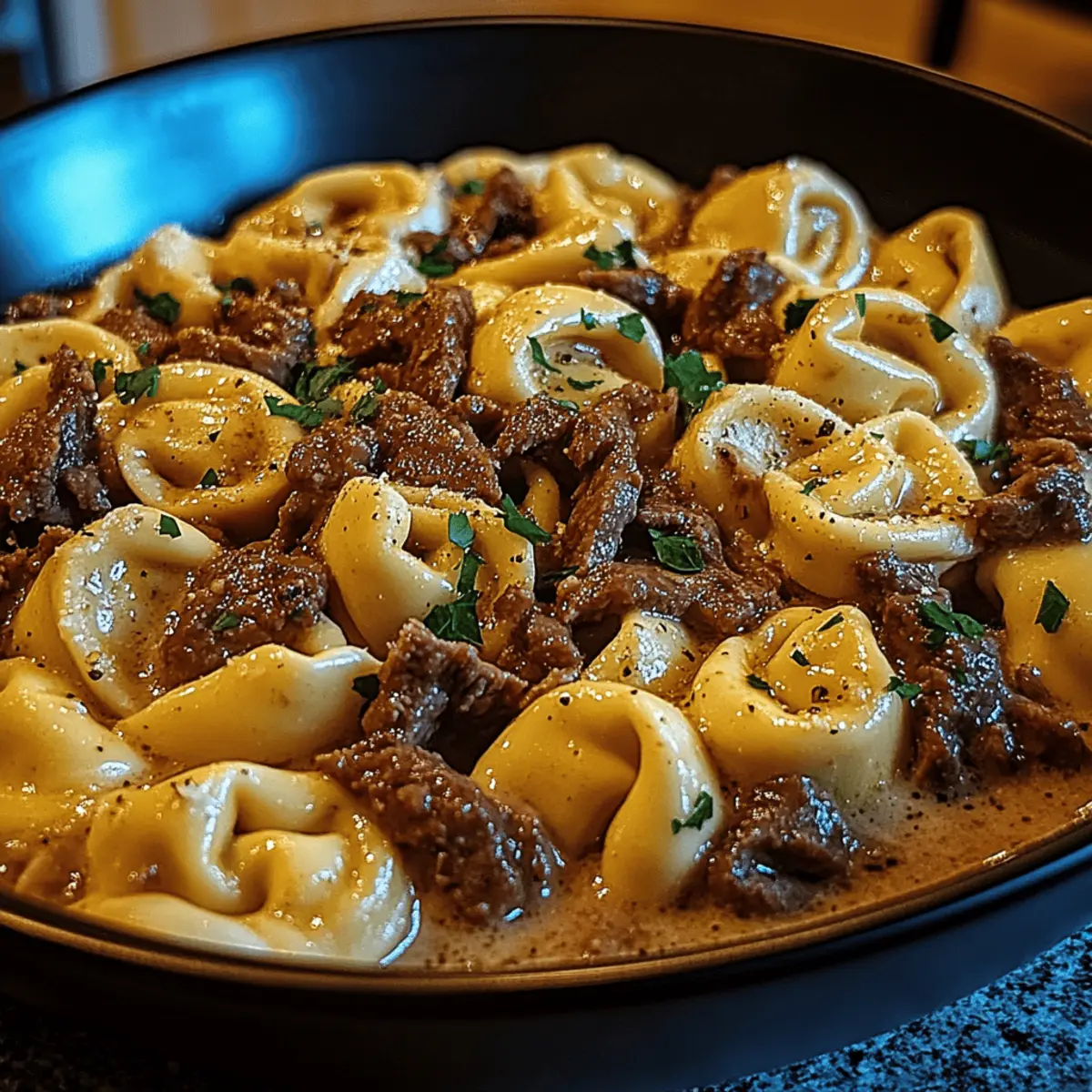 Cheesesteak Tortellini in Rich Provolone Sauce for Comfort Food Lovers