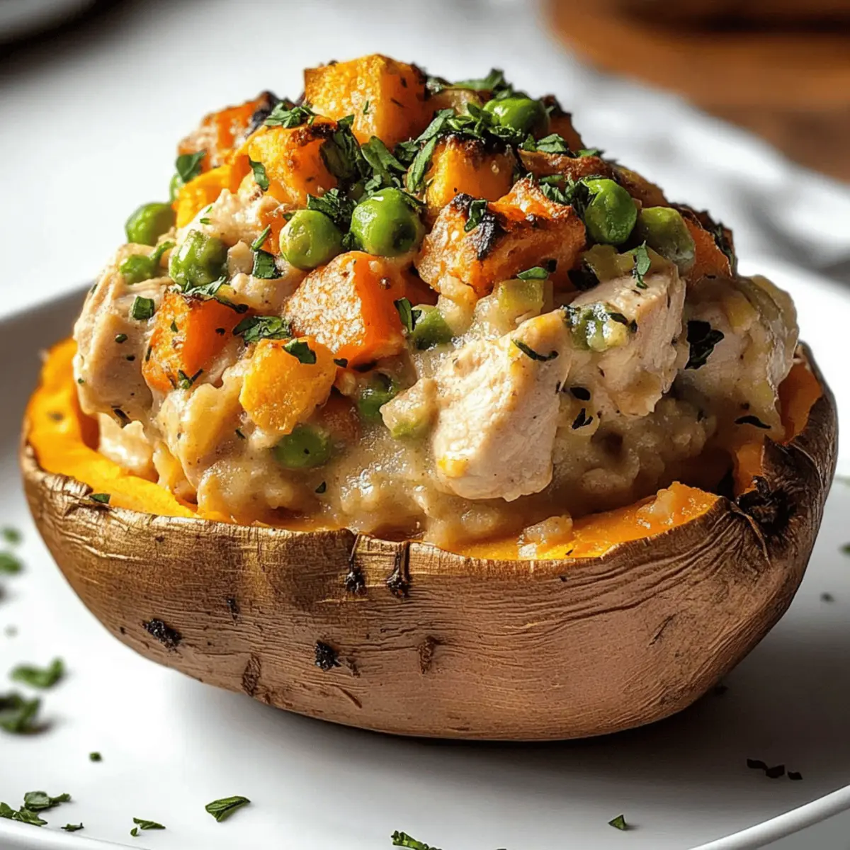 Creamy High-Protein Chicken Pot Pie Stuffed Sweet Potatoes Reimagined
