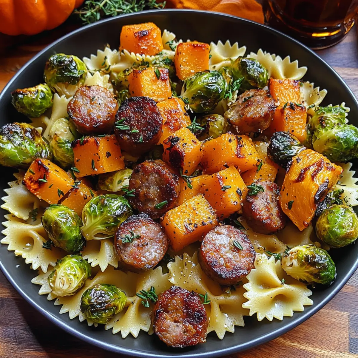 Autumn Dinner with Sausage, Pasta, Brussels Sprouts & Squash Delight