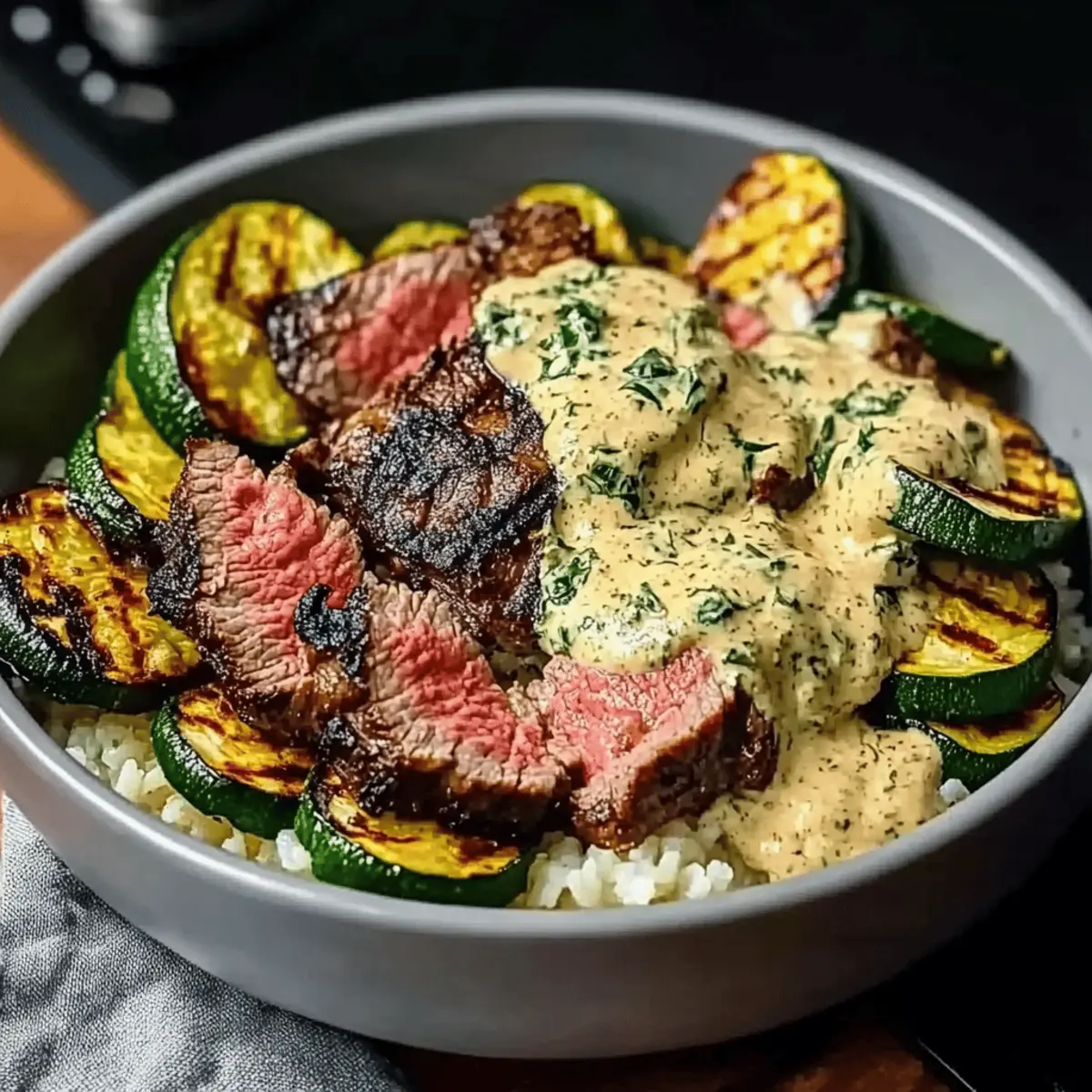 Grilled Steak Bowl with Sauce & Grilled Zucchini Bliss