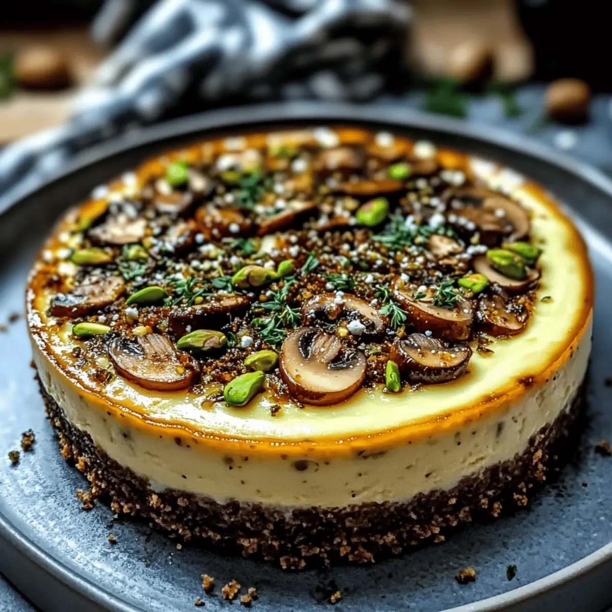 Savory Pistachio and Mushroom Cheesecake with Feta Crust