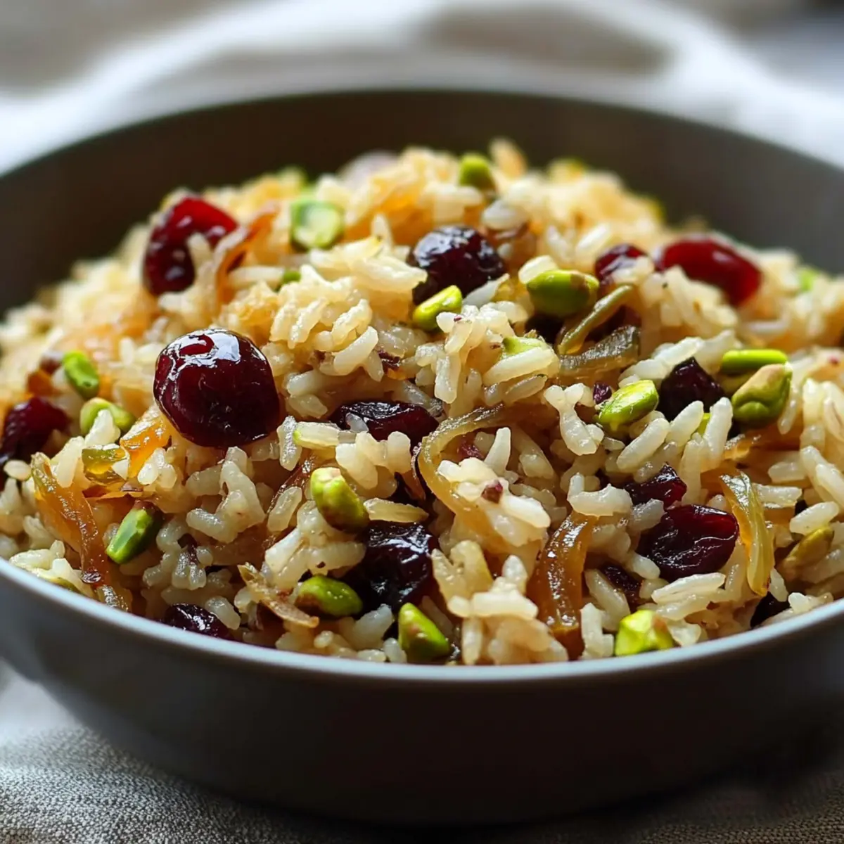 Irresistible Rice Pilaf with Caramelized Onion, Orange, Cherry & Pistachio