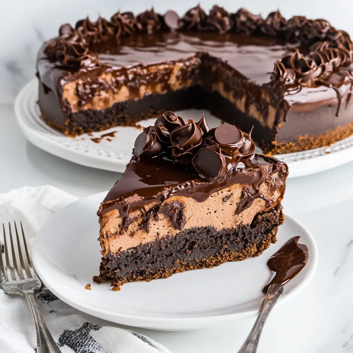 Decadent No Bake Hot Fudge Brownie Cheesecake Bliss