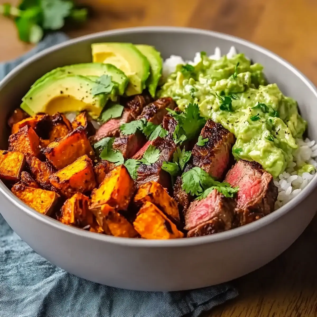 Steak and Sweet Potato Bowls with Avocado-Cilantro Drizzle Delight