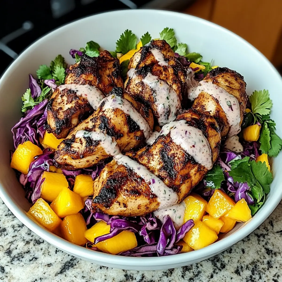 Delicious Jerk Chicken & Mango Slaw Bowls with Honey Lime Cream