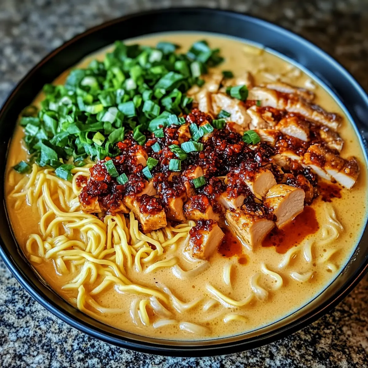 Savor Fiery Chicken Ramen with Creamy Garlic Sauce Tonight