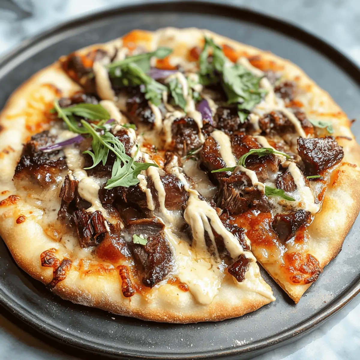 Short Rib Pizza with Smoked Gouda Cream Sauce Delight