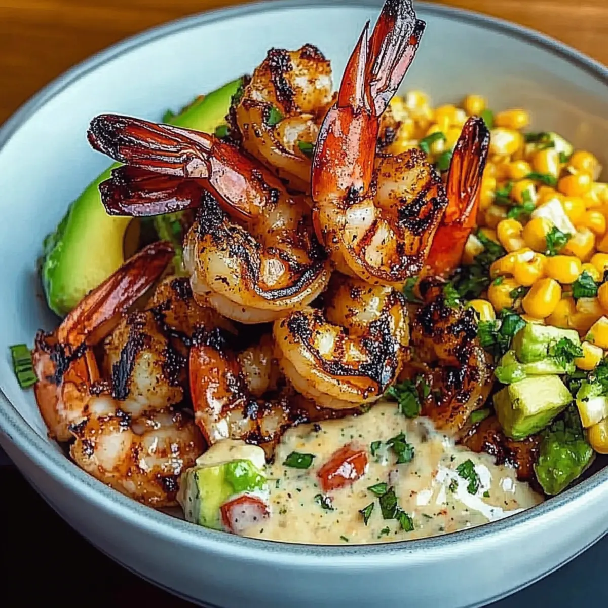 Grilled Shrimp Bowl with Avocado, Corn Salsa & Creamy Garlic Sauce Delight