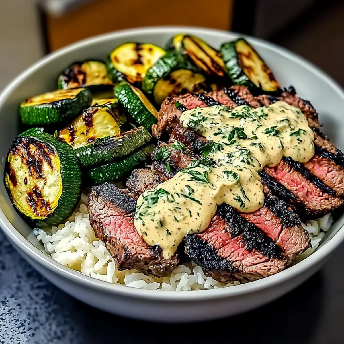 Grilled Steak Bowl with Sauce & Grilled Zucchini Bliss
