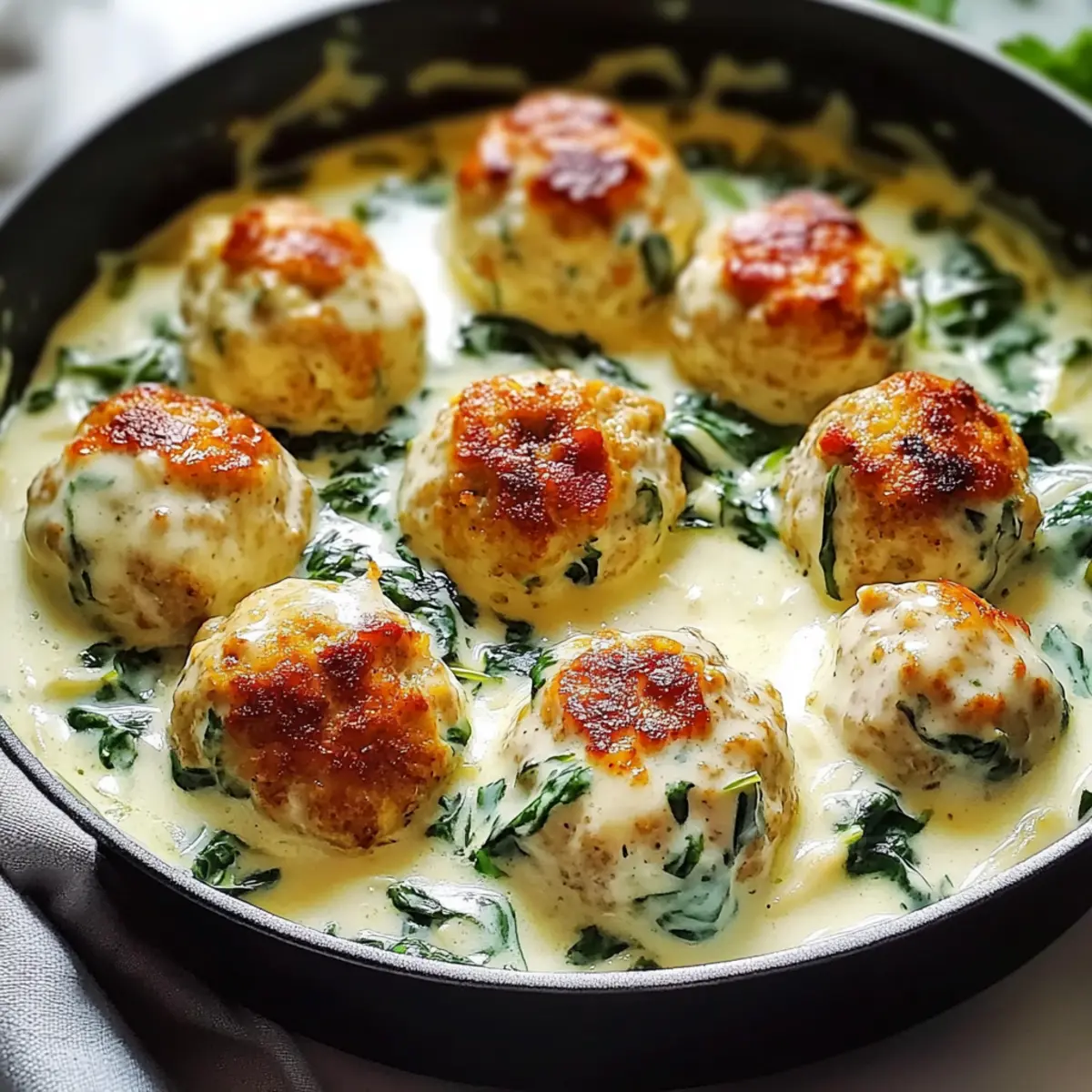 Baked Chicken Ricotta Meatballs with Spinach Alfredo Bliss