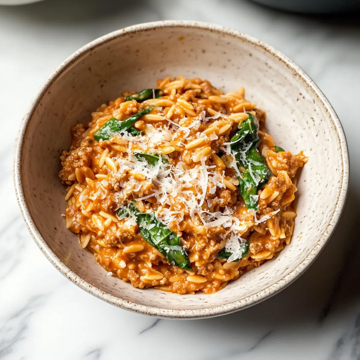 Creamy Ground Beef Orzo with Tomato Sauce in One Pot