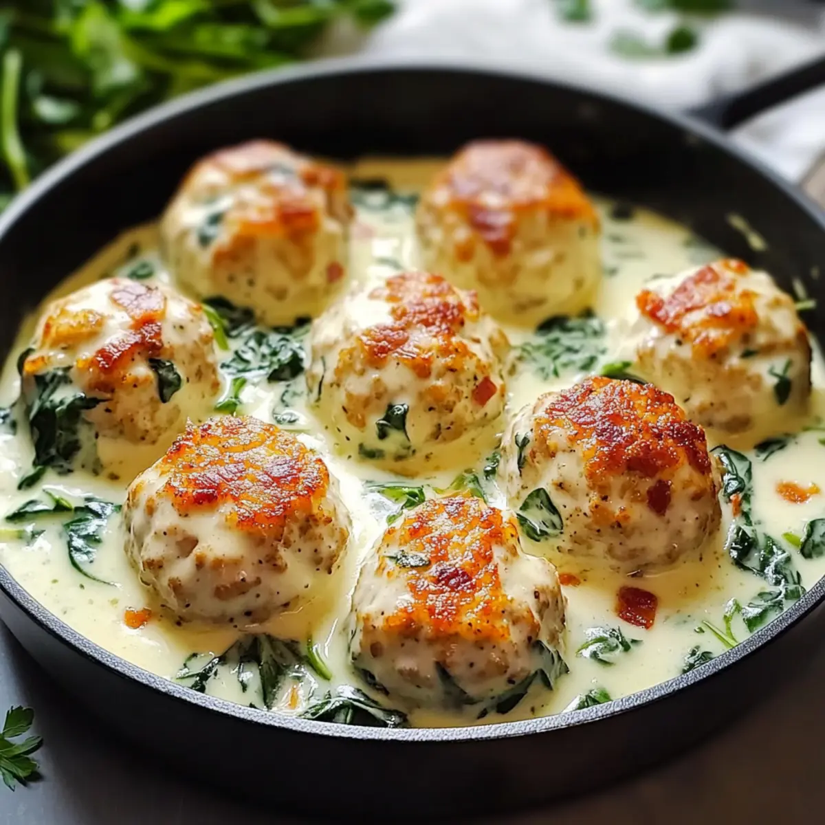 Baked Chicken Ricotta Meatballs with Spinach Alfredo Bliss