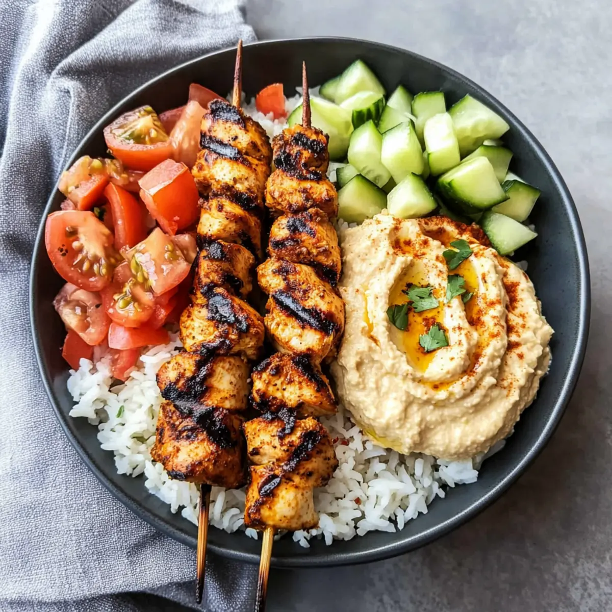 Mediterranean Rice Bowl with Grilled Chicken Tawook Skewers Delight