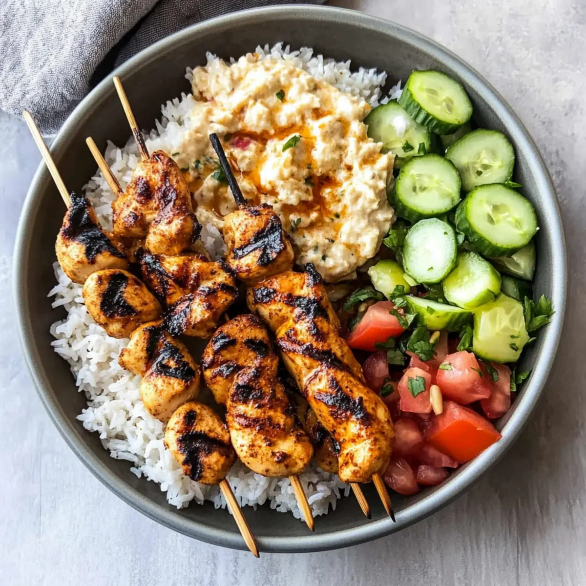 Mediterranean Rice Bowl with Grilled Chicken Tawook Skewers Bliss